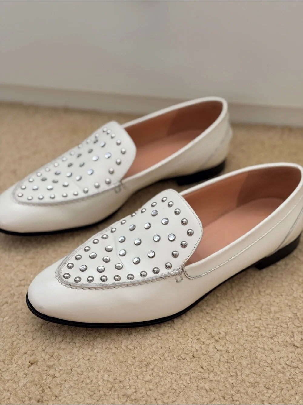J. Crew Academy Loafers in Studded Leather, White Size 8